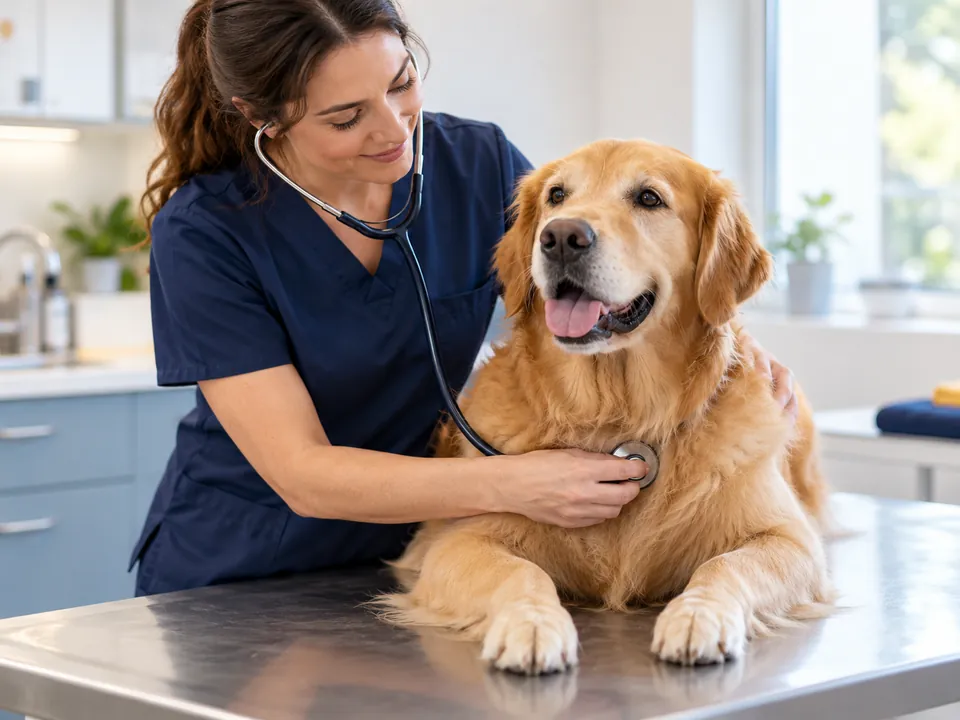 Ilustração fotográfica de atendimento veterinário a um cachorro.