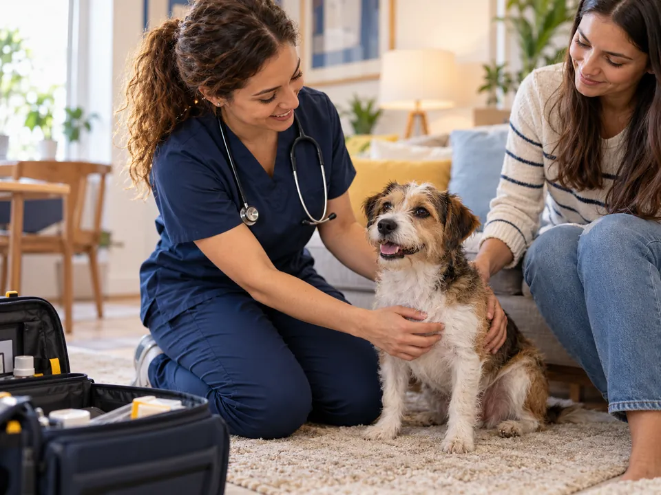 Ilustração fotográfica de visita veterinária a um cachorro em casa.