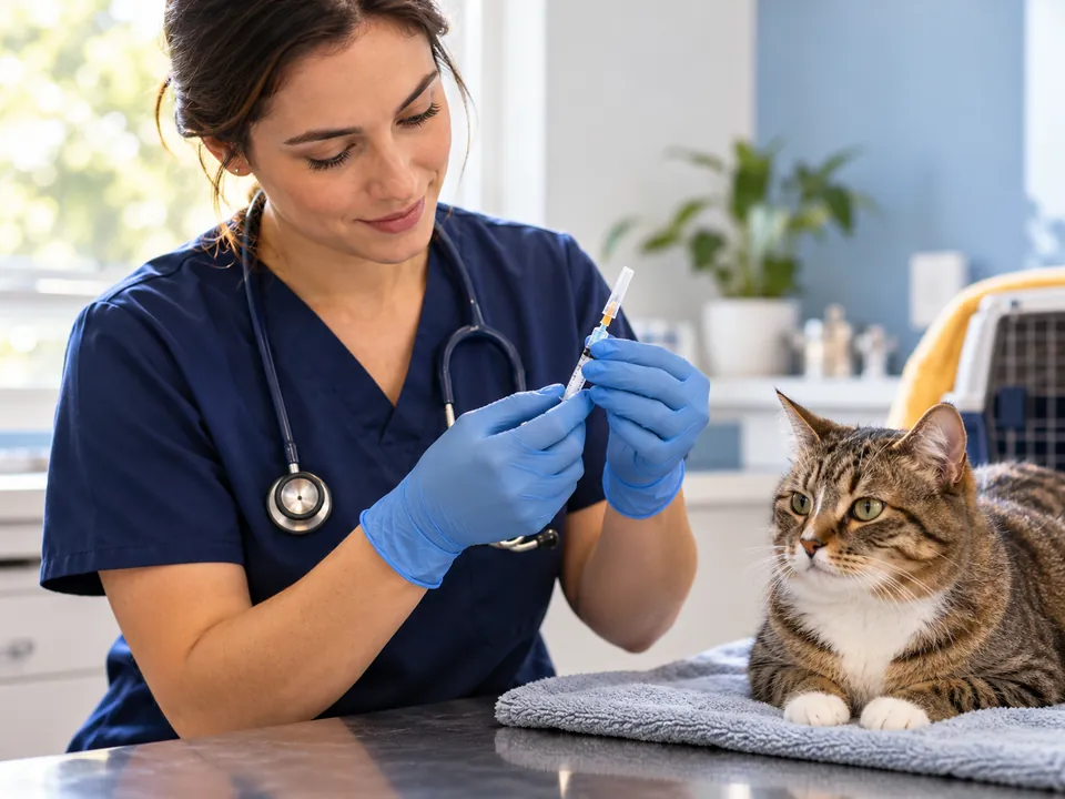 Ilustração fotográfica de preparação de vacina para um gato.